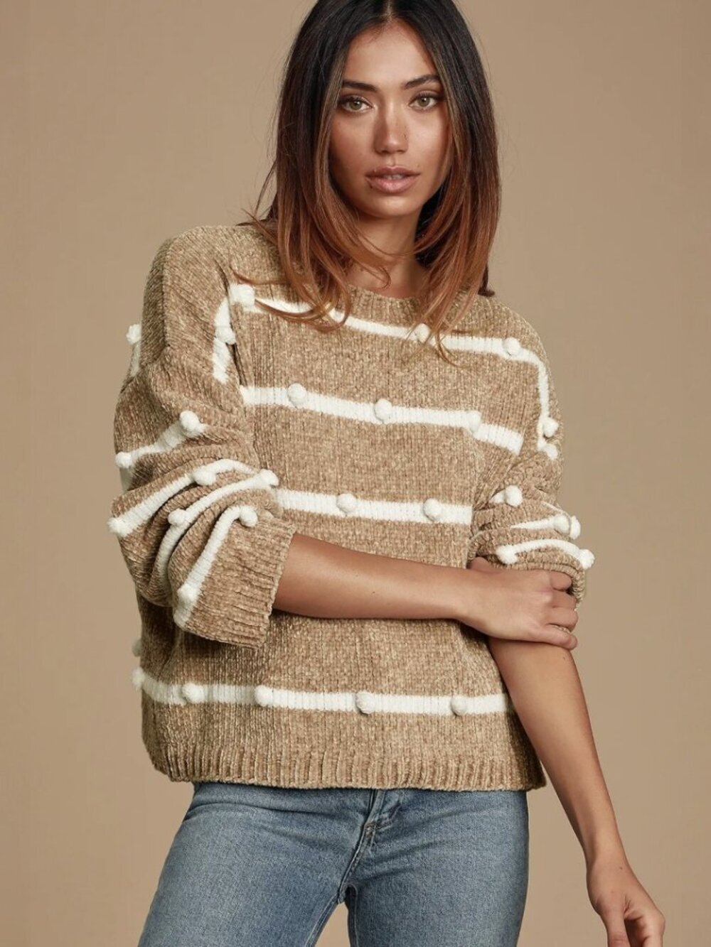 Lulus Cozy Times White and Beige Striped Chenille Knit Pom-Pom Sweater NWT - Picture 2 of 8